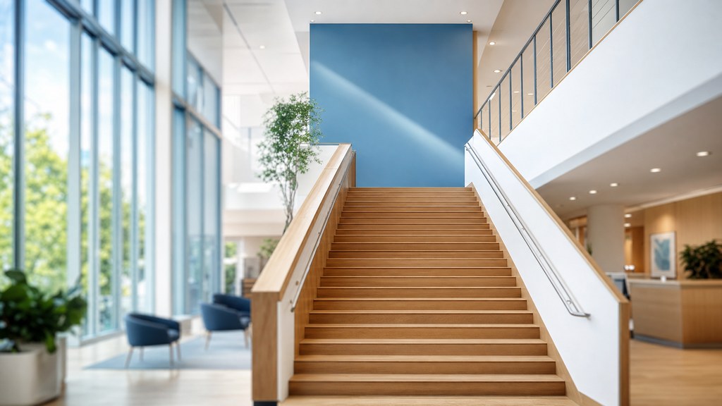A bright, minimalist staircase in a modern professional building, symbolising a clear and supported pathway to psychologist registration