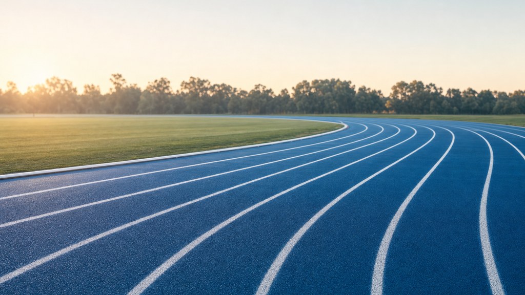 An empty outdoor running track curving gently toward soft morning light, symbolising a clear structured pathway toward a deadline